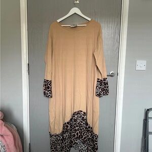 Leopard Trim Tan Dress